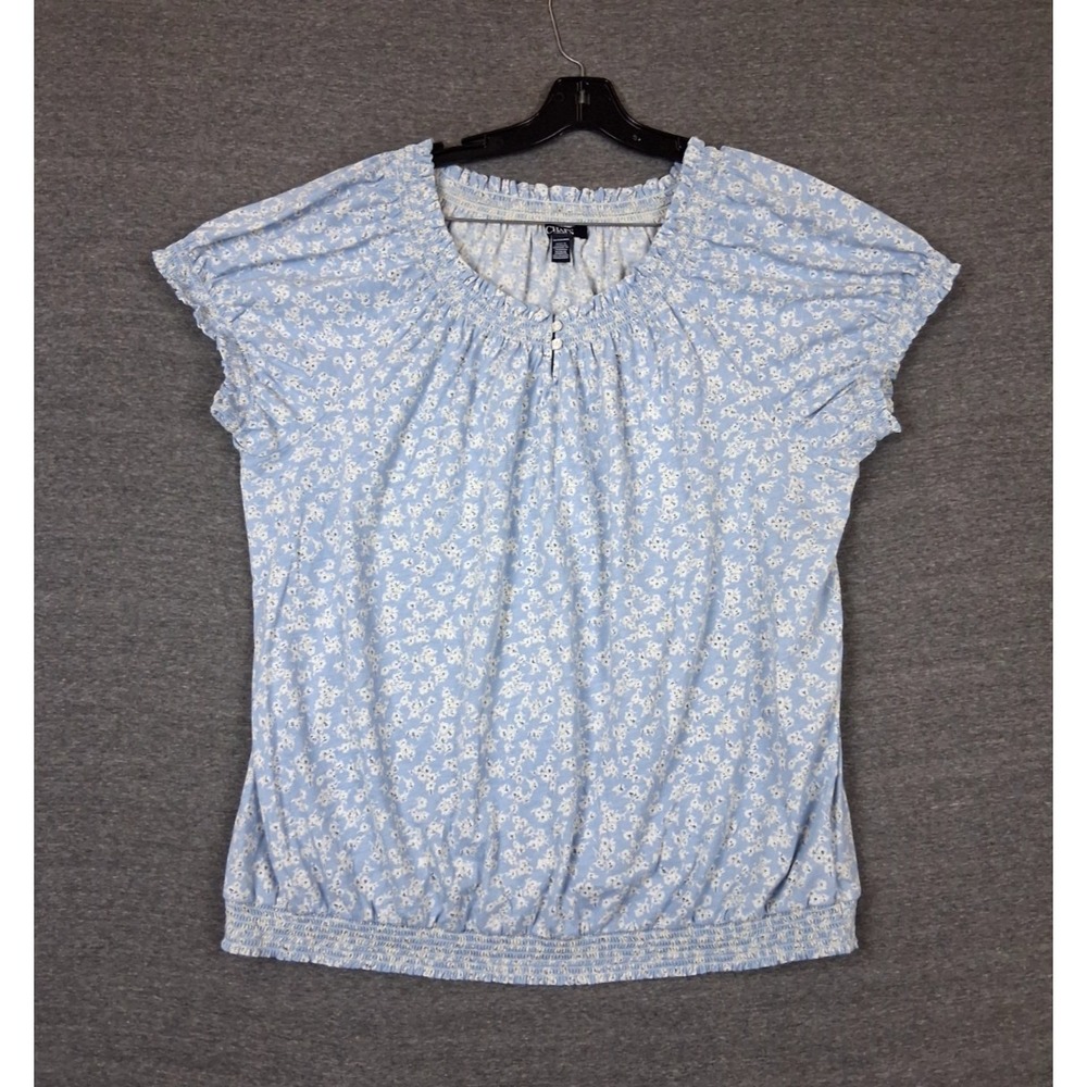 Chaps Womens Shirt 3X Blue Ditsy Floral Smocked Peasant Cottagecore Coquette